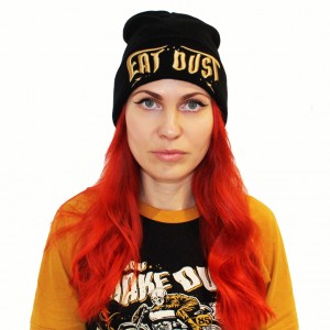 Dragstrip Kustom Eat Dust gold on black beanie